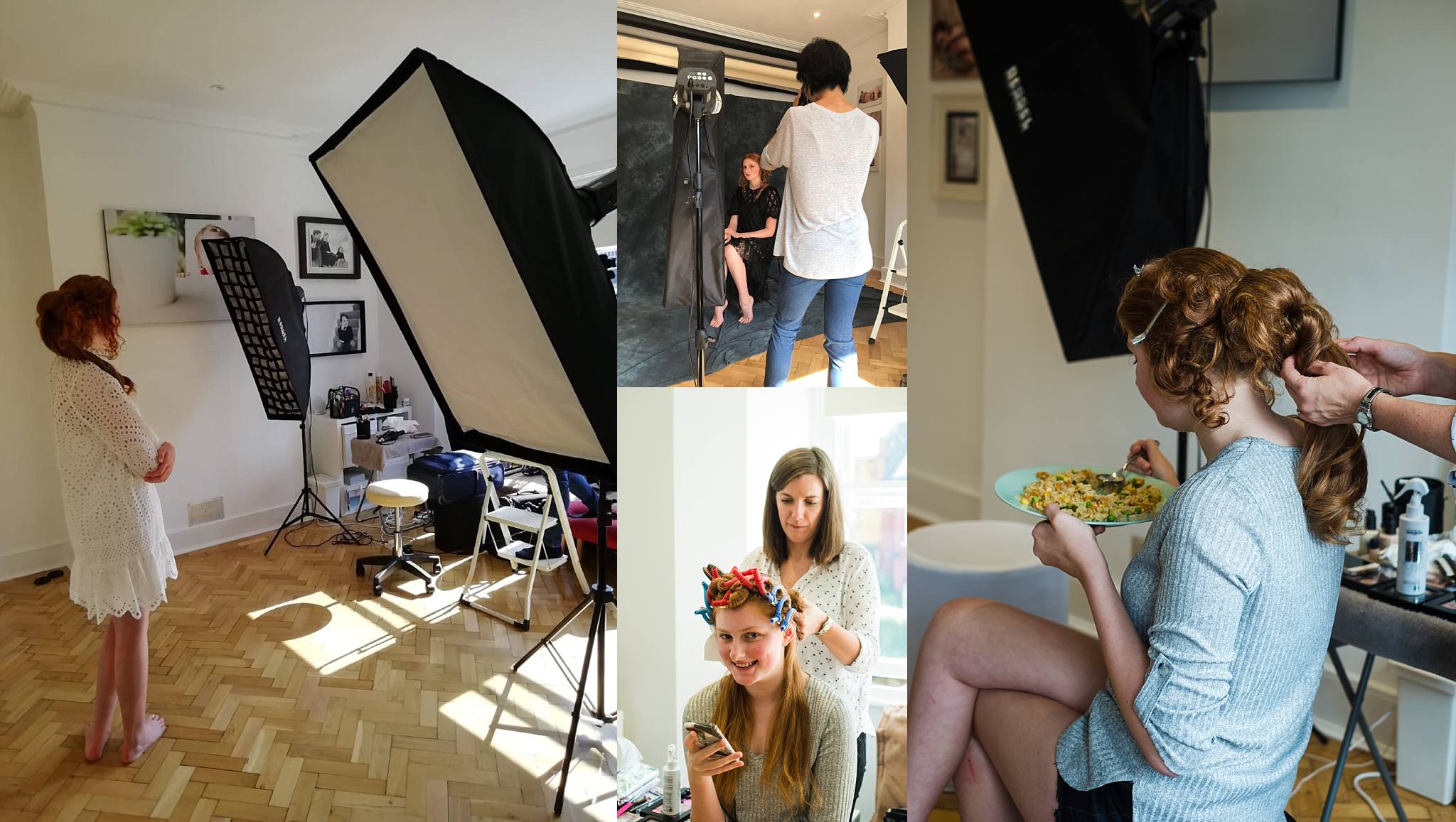 Behind the scenes of a studio photo shoot. Make-up artist and photographer at work