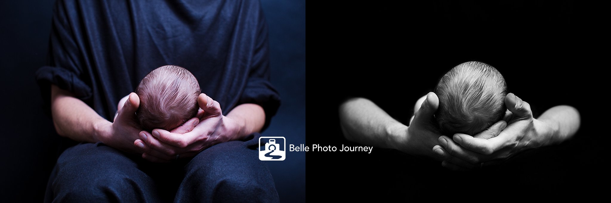 Newborn baby held in daddy hands - black background